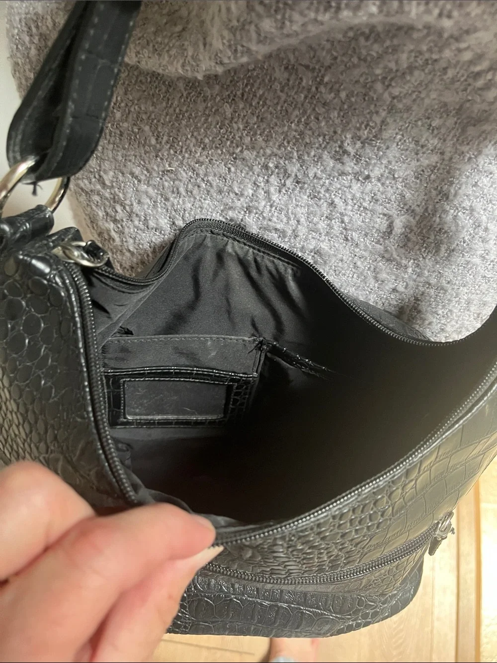 Giana Bernini vintage leather Crocodile Embossed Hobo Bag in black.
